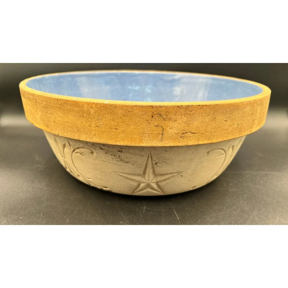 Antique Star Fire Clay Blue Glaze Stoneware Bowl Star Leaf Fleur De Lis Embossed